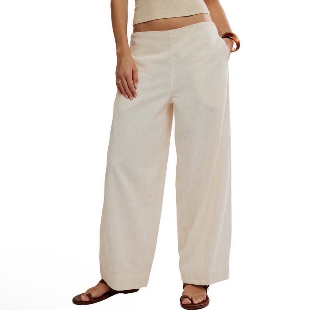 Free People free-est Demi Cotton-Linen Pants Sz S Ivory Wide Leg Pull On Beach